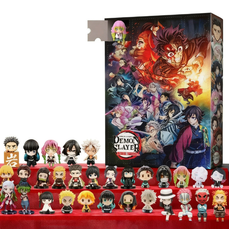 Red box anime advent calendar with 24 chibi anime figures on a white background