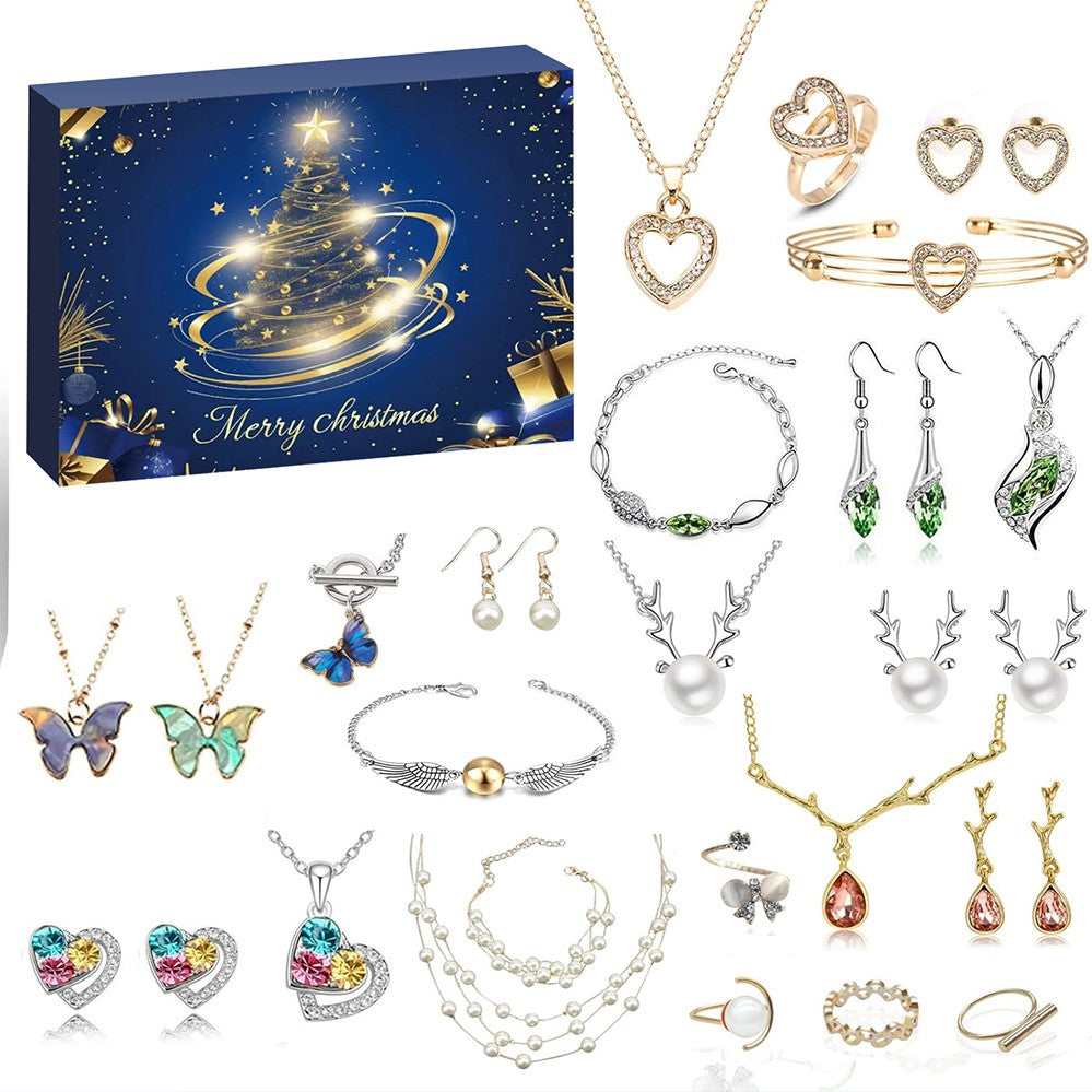 Blue Christmas tree jewellery advent calendar with heart, butterfly and reindeer jewellery