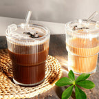 2pcs Iced Coffee Cups Glass Cups with Lids and Straws Coffee Fruit Juice 450ml