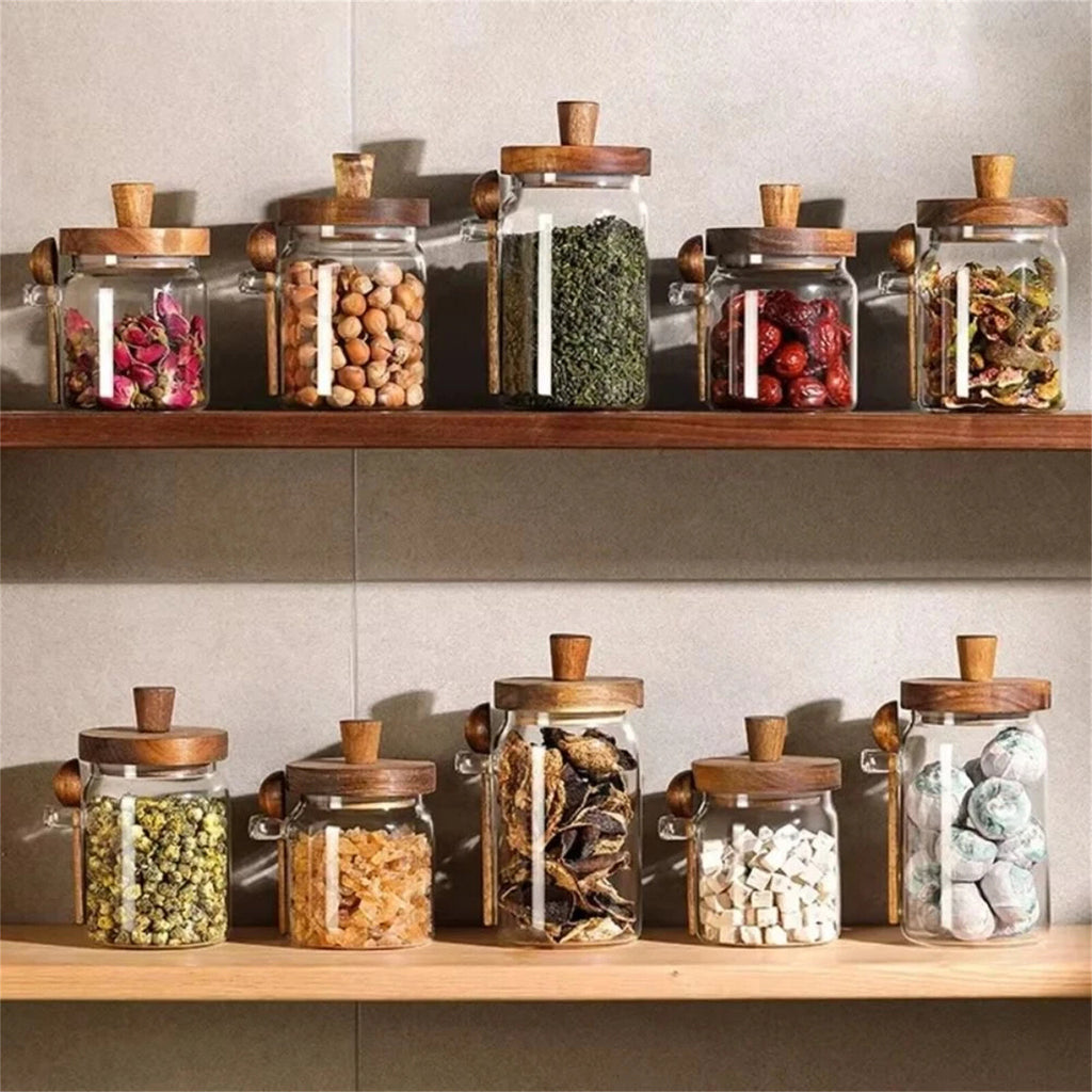 2 Pack Glass Storage Jars with Wooden Lid and Spoon – Airtight Coffee, Spice and Food Containers