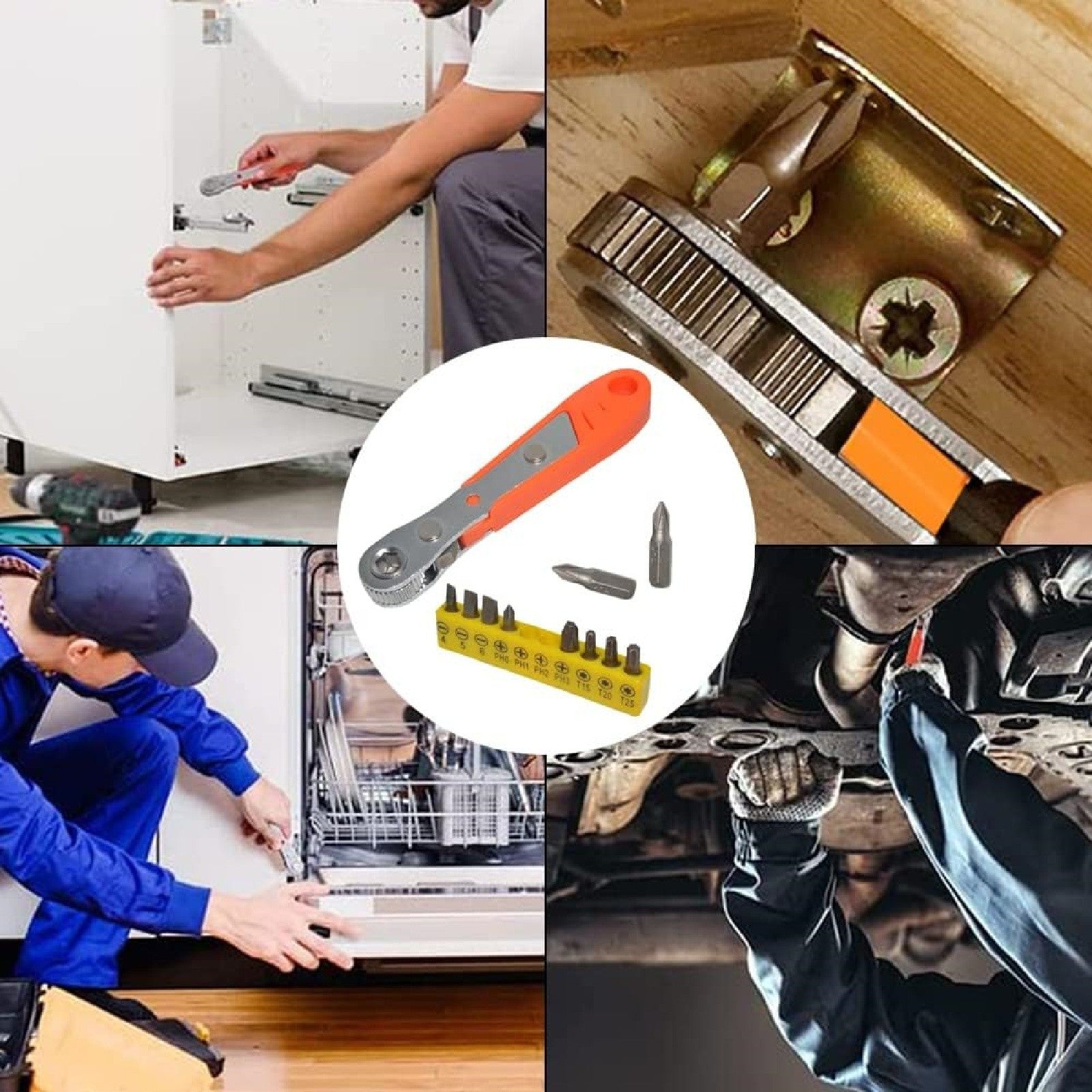 1 or 2 Set Ratcheting Right Angle Screwdriver - 90 Degree Offset Hex Drive with Bits