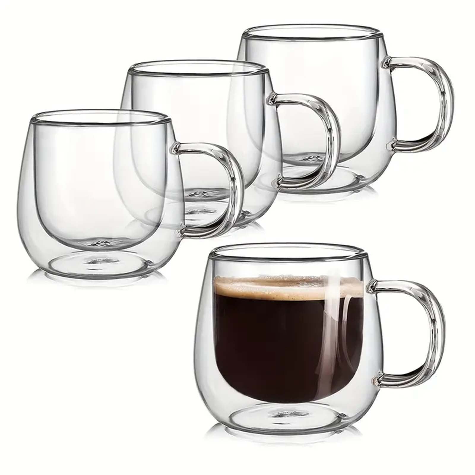 4PCS Double Wall Glass Coffee Tea Cups 300ml Heat Resistant with Stainless Steel Spoons