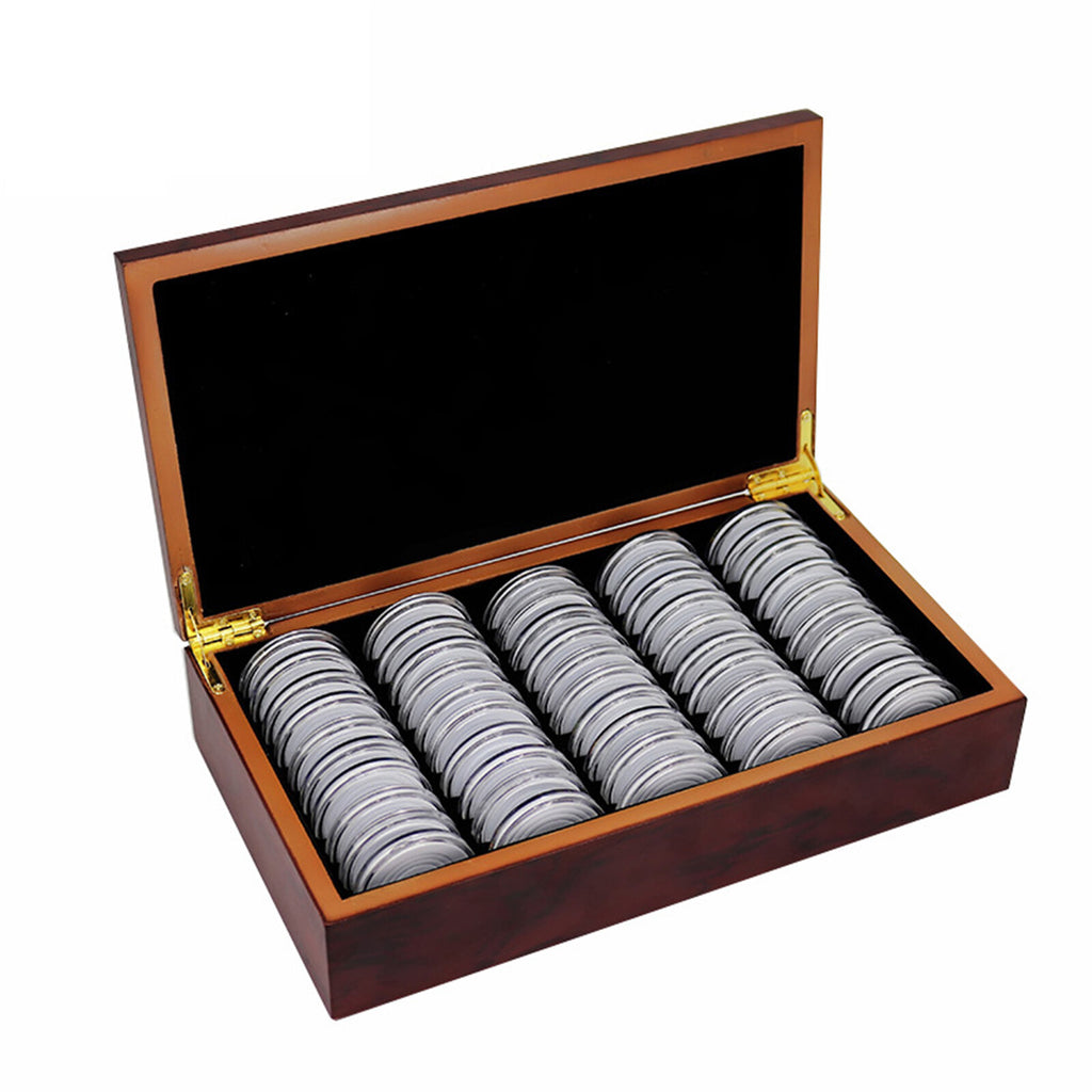 Wooden coin display case with 50 capsules