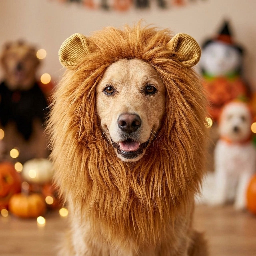 Front view of a dog wearing a fluffy lion mane wig with ears