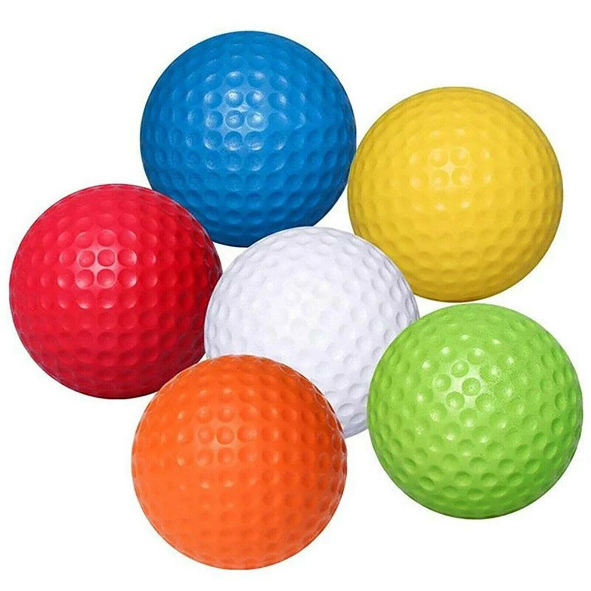 Coloured golf practice balls in red, blue, yellow, white, orange and green