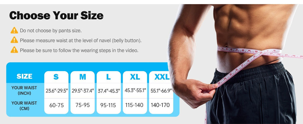 Size chart for the lumbar support belt