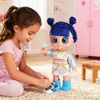 Girl handing a toy sword to her blue hair big eye doll