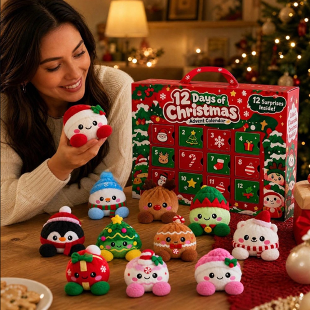 Woman holding a snowman plush beside the 12 day plush advent calendar and its toys