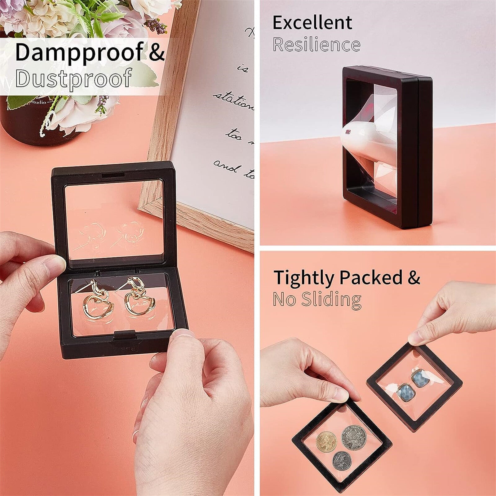 20PCS Square 3D Floating Jewelry Display Frames - Coin Holder Box Cases with Stands