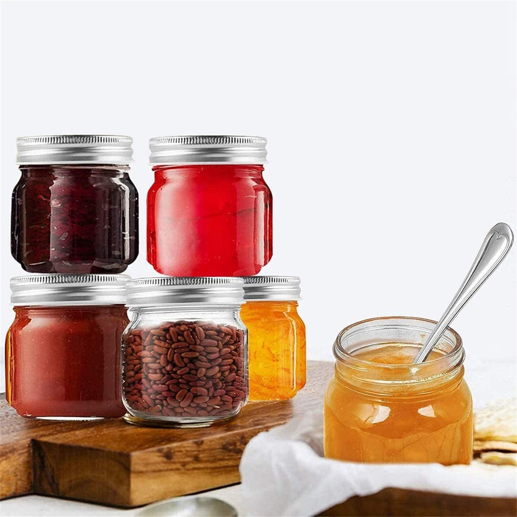 6pcs 250ml Glass Storage Jars with Lids + 4 Stainless Steel Spoons | Airtight Food Containers