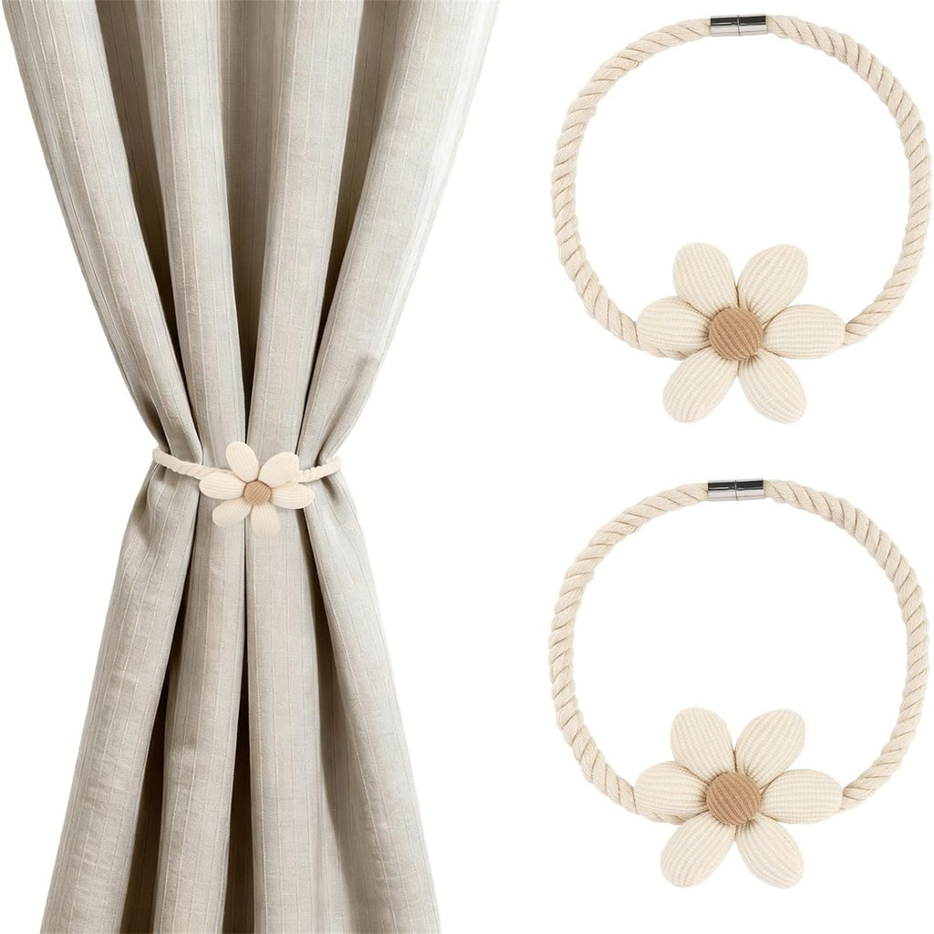 Curtain held back with magnetic flower tieback