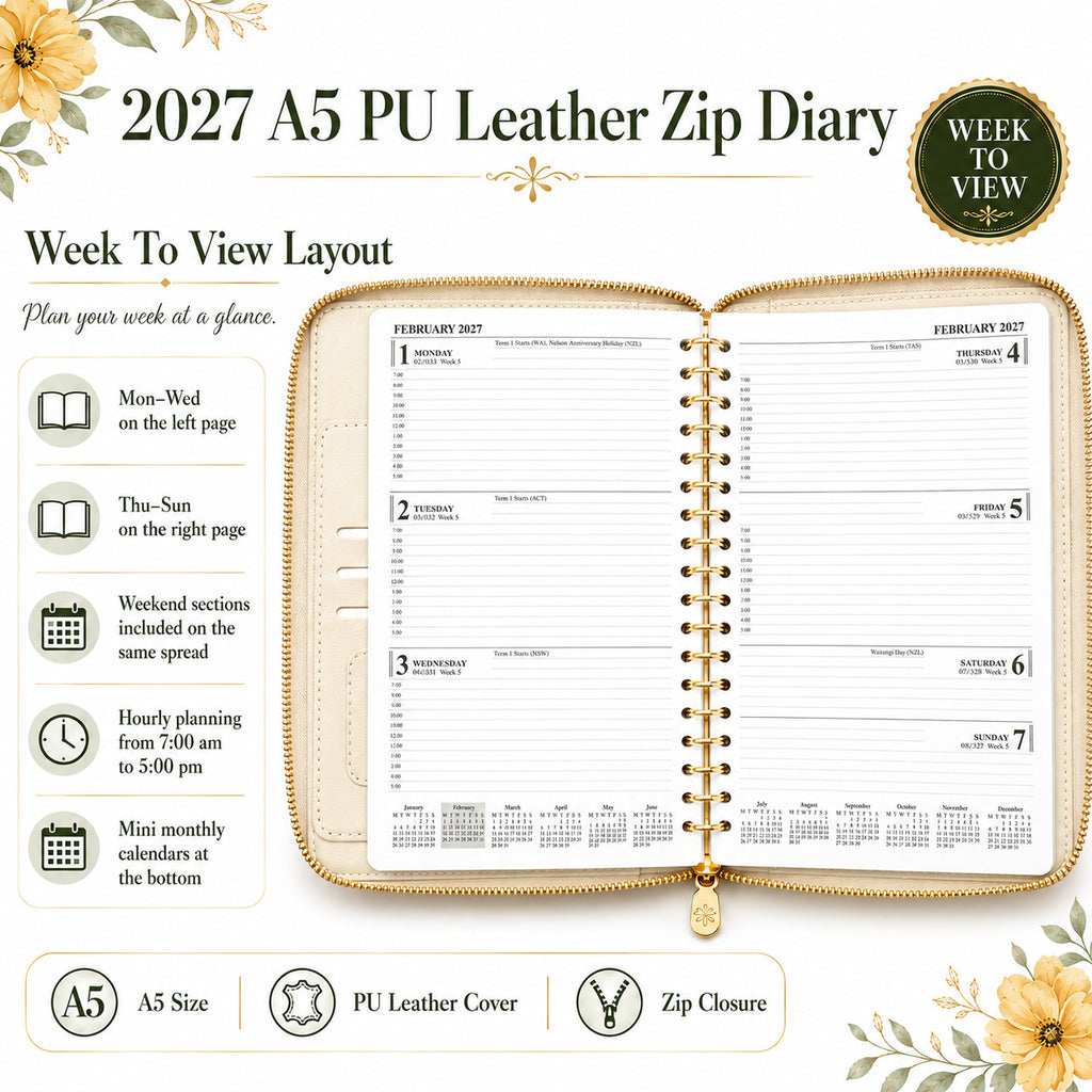 Week to view diary 2027 layout with hourly planning from 7 am to 5 pm