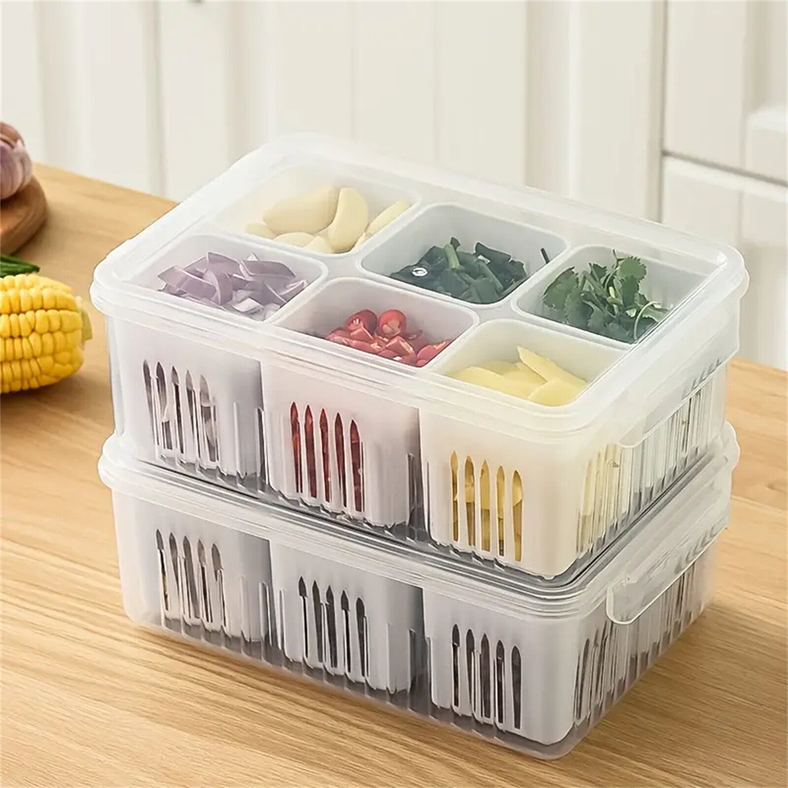 2pcs Fridge Storage Organizer Boxes | 6 Grid Vegetable Onion Meat Drain Containers