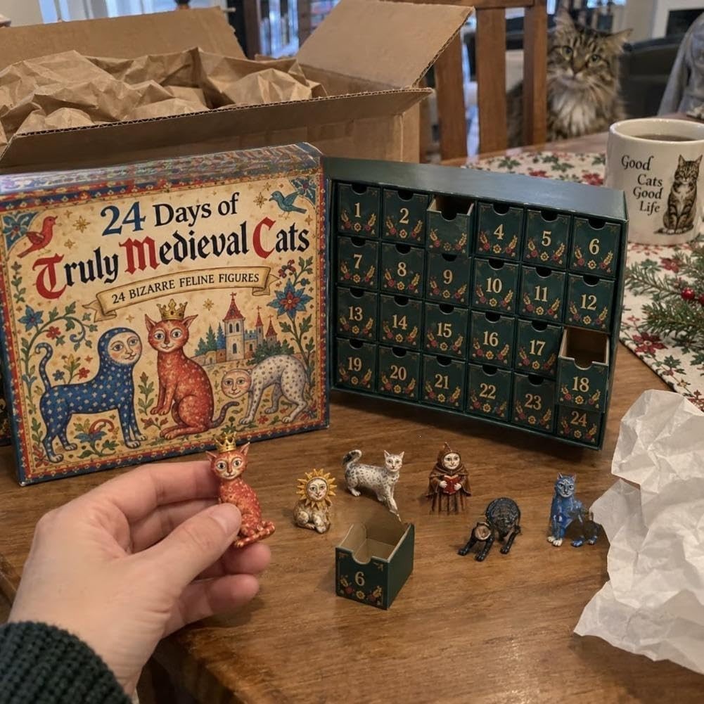 Hand holding a small cat figurine from the medieval cat advent calendar