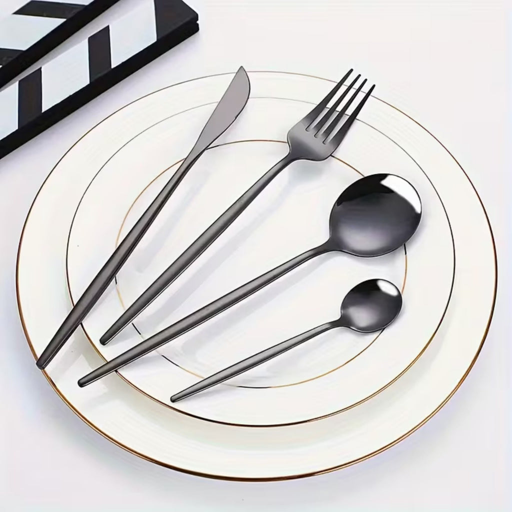 24 Piece Stainless Steel Cutlery Set – Black Dinner Knife Fork Spoon Teaspoon Set for Home Dining