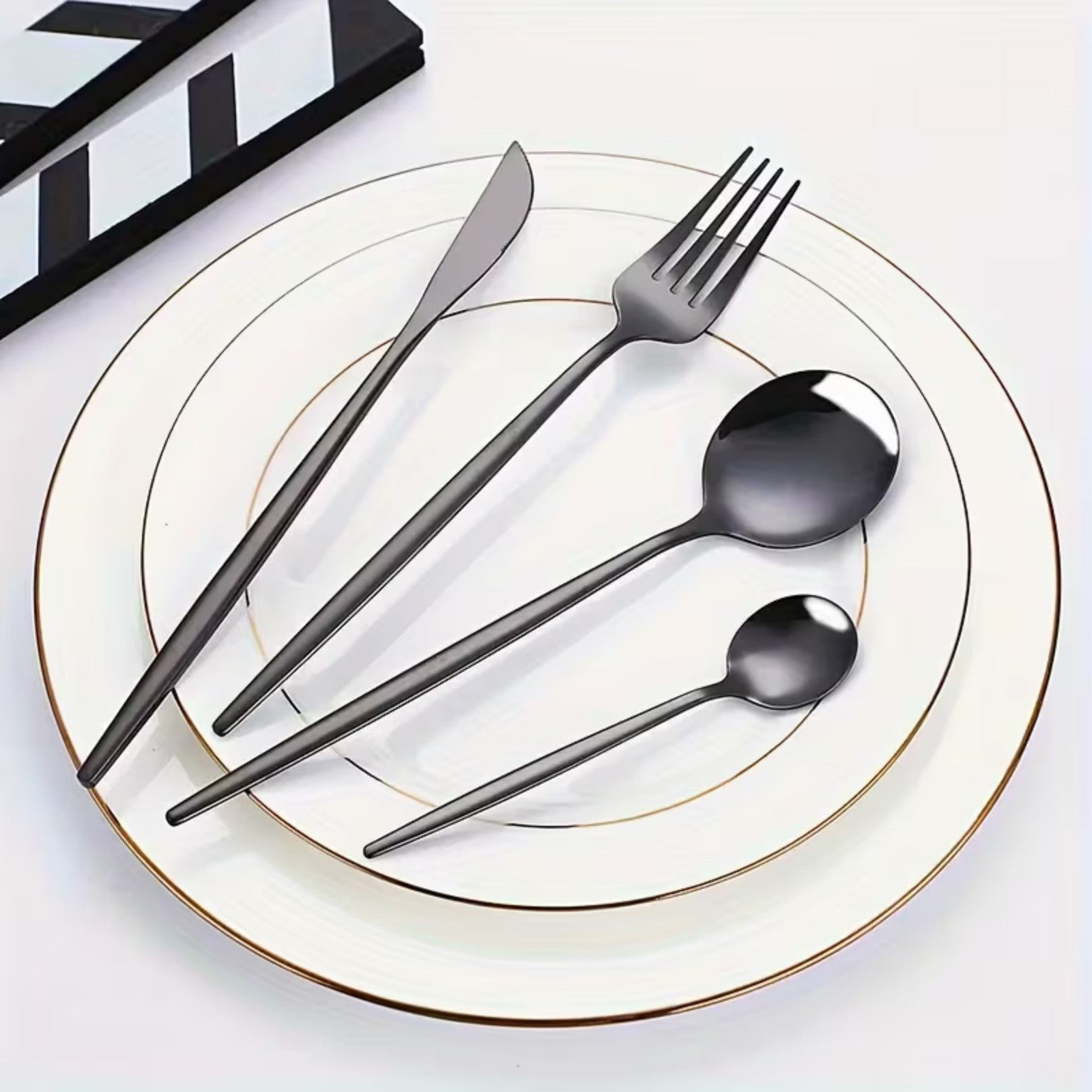 24 Piece Stainless Steel Cutlery Set – Black Dinner Knife Fork Spoon Teaspoon Set for Home Dining