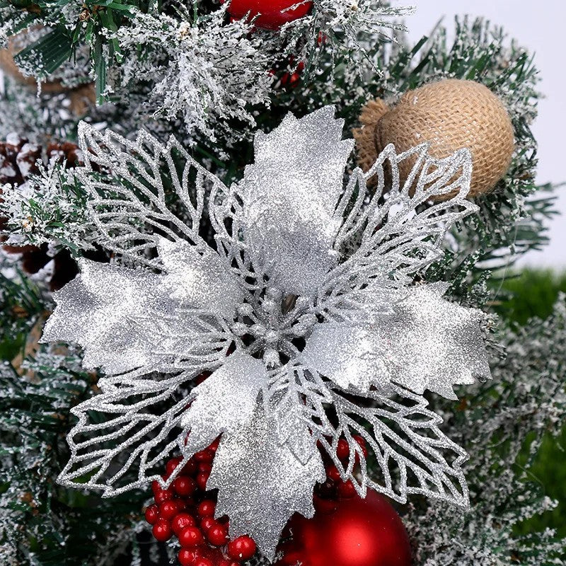 10pcs Christmas Poinsettia Glitter Flowers – Xmas Tree Hanging Decorations