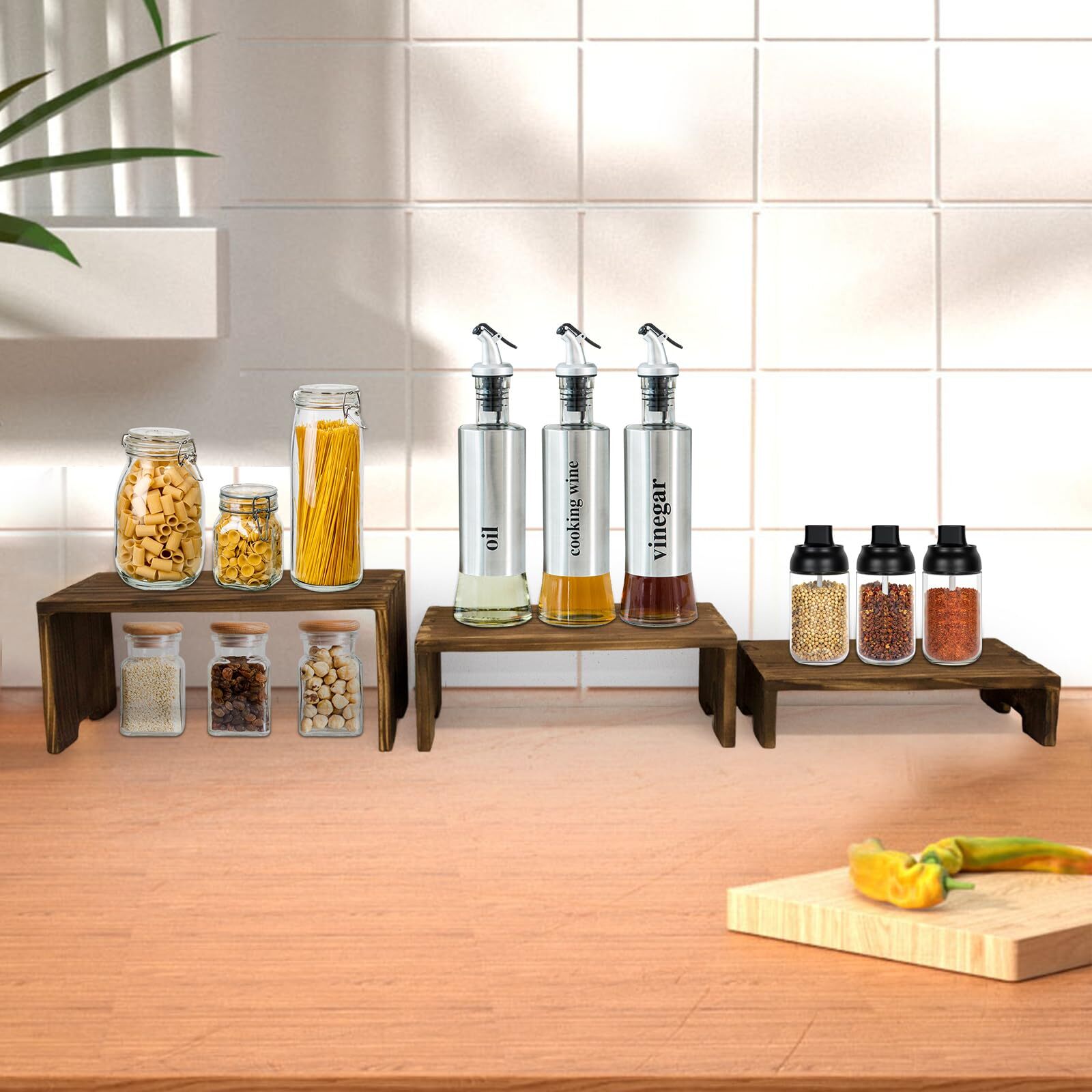 6pcs 3 Tier Wooden Display Risers Set | Rectangular Cupcake Dessert & Retail Display Stands