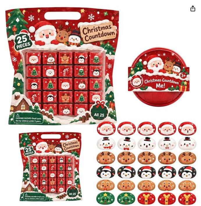 Christmas squishies advent calendar bag with 25 Santa, snowman and reindeer squishy toys on a white background