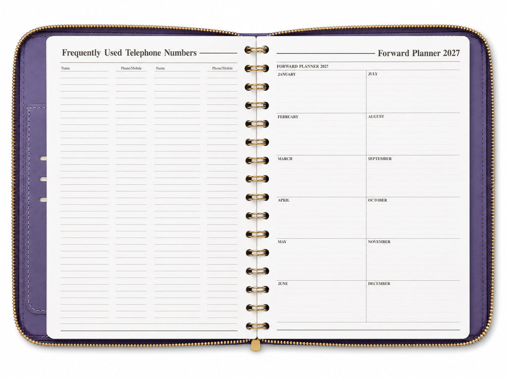 Telephone numbers page and 2027 forward planner inside the diary