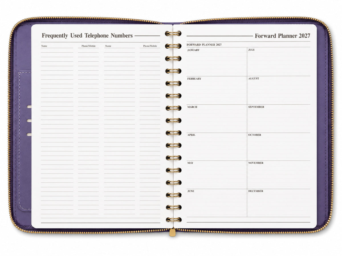 Telephone numbers page and 2027 forward planner inside the diary