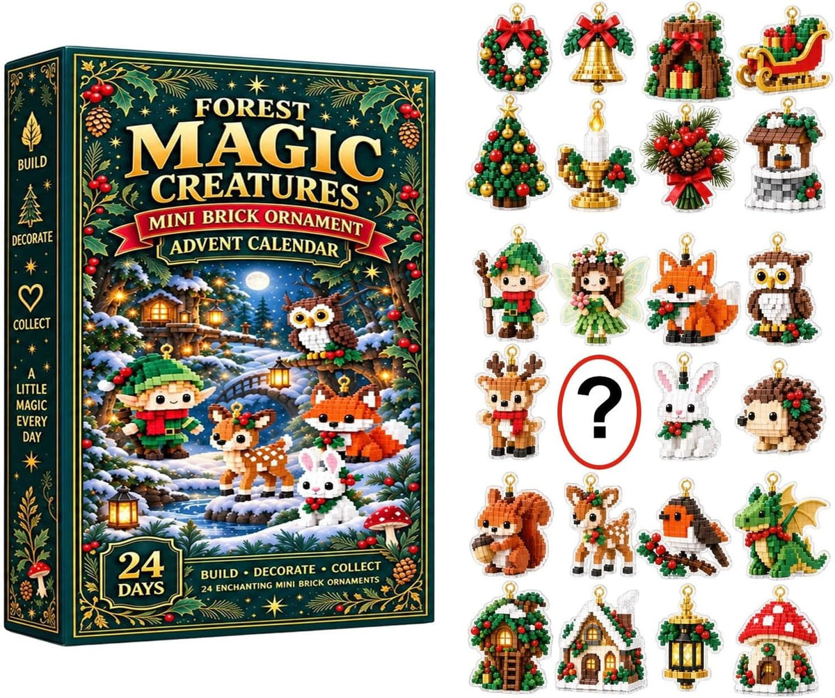 Kids ornament advent calendar 2026 box with 24 mini brick woodland ornaments on a white background