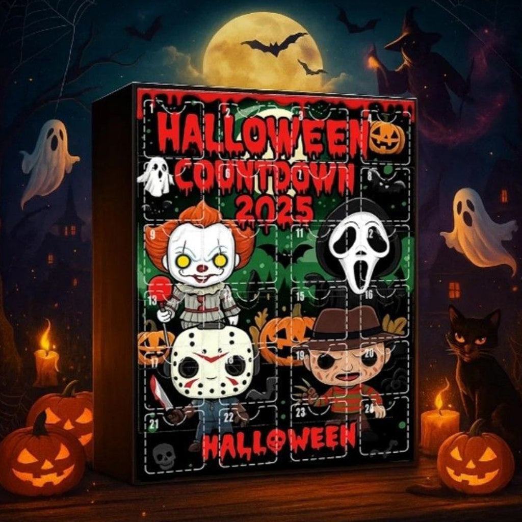 Halloween countdown horror advent calendar box at night with pumpkins
