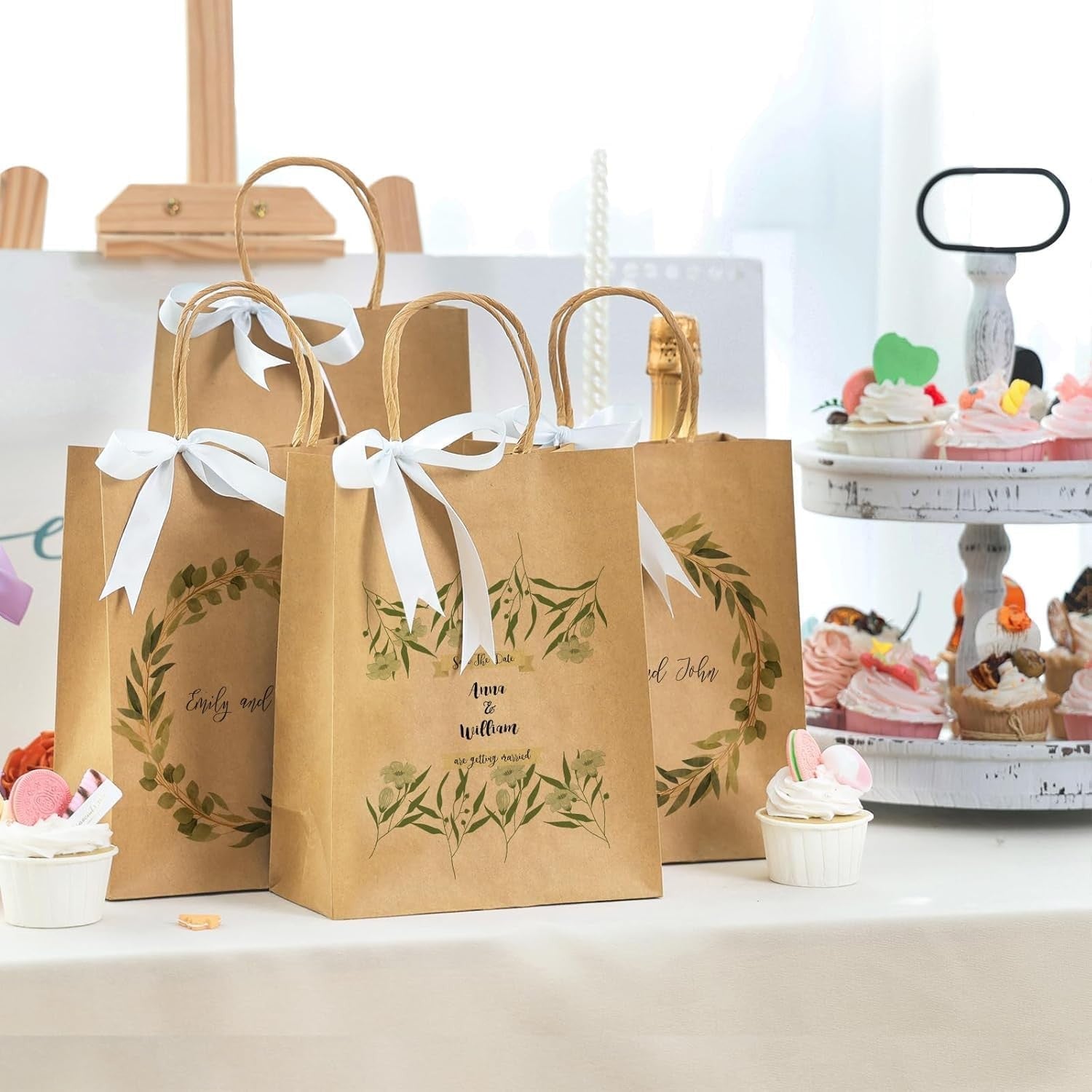 40 Pack Kraft Paper Gift Bags with Handles – Brown, White, Sky Blue and Hot Pink Shopping Carry Bags