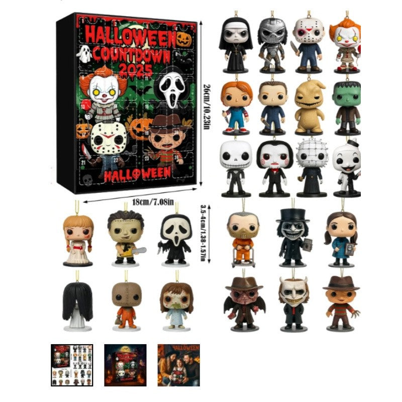 Horror advent calendar box with 24 flat acrylic horror mini figures on a white background