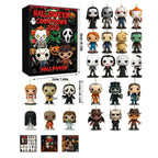 Horror advent calendar box with 24 flat acrylic horror mini figures on a white background