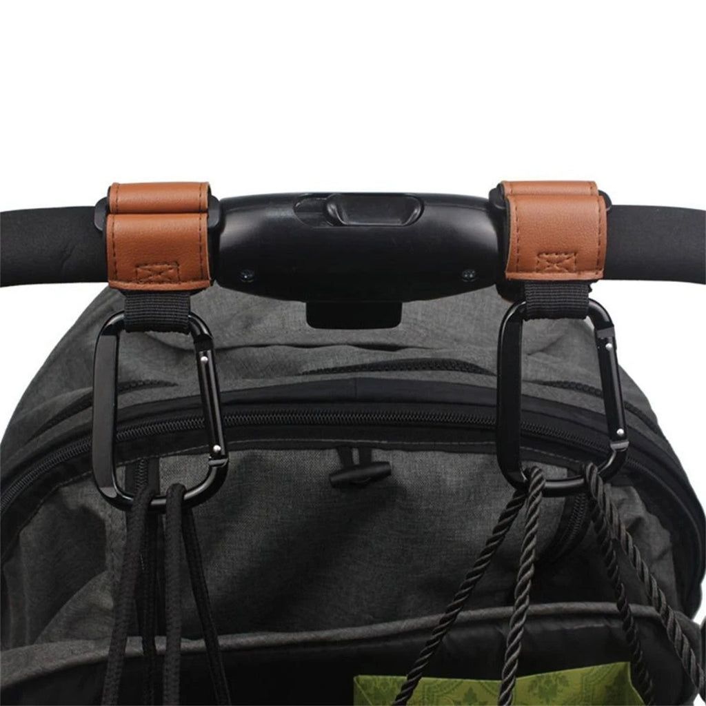 2PCS Metal Pram Hooks - PU Stroller Bag Hangers for Diaper Bags & Shopping Bags