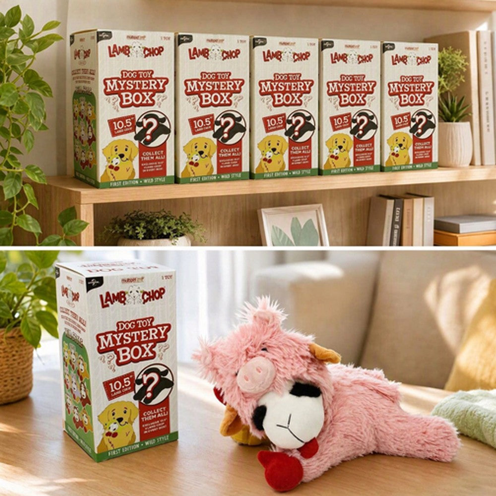 Lamb dog toy mystery boxes on a shelf and a pink plush lamb on a cushion