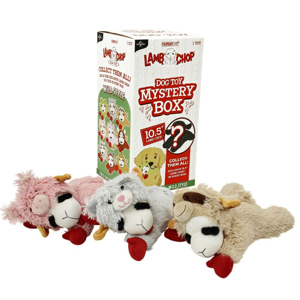 Lamb plush dog toy mystery box with pink, grey and cream soft lamb toys on a white background