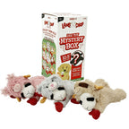 Lamb plush dog toy mystery box with pink, grey and cream soft lamb toys on a white background