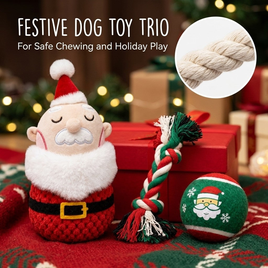 Festive dog toy trio – plush Santa, cotton rope and ball for safe chewing and holiday play