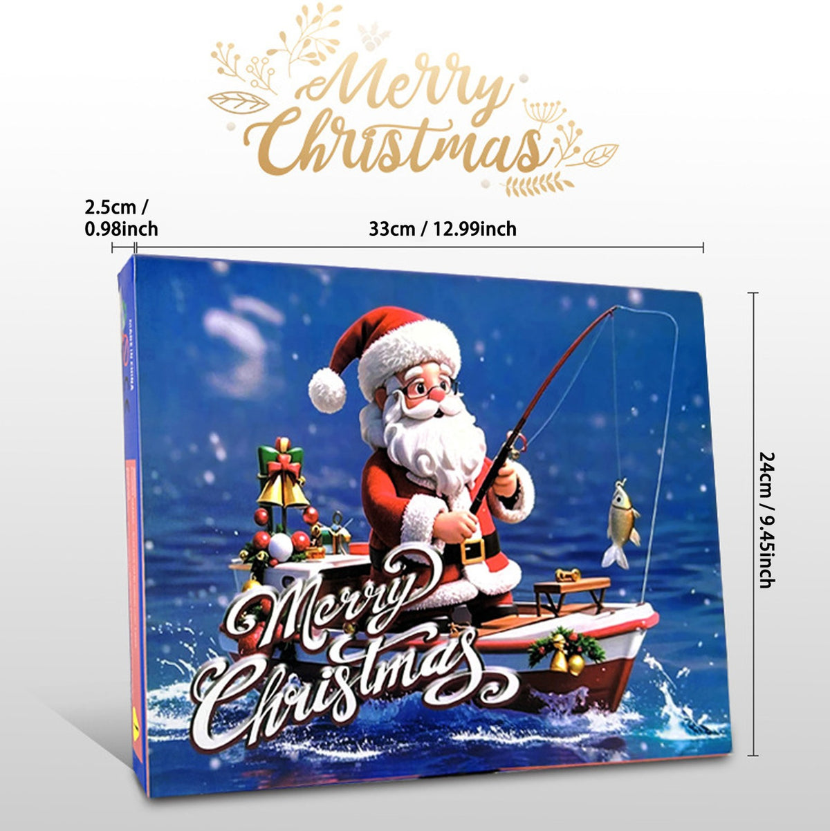 Fishing advent calendar box size about 33 x 24 x 2.5 cm