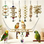 17 piece bird toy set laid out