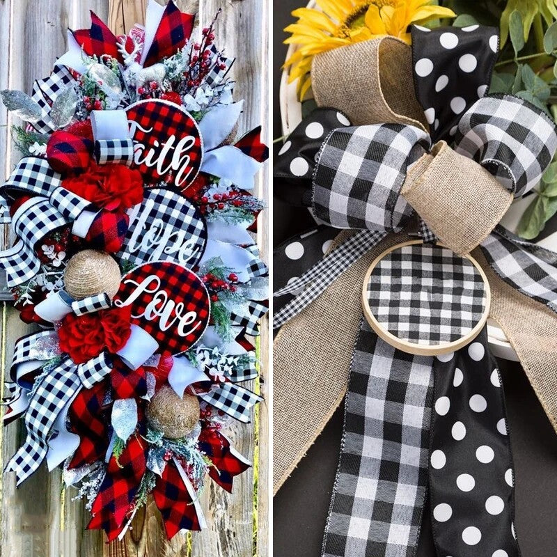 Buffalo plaid and gingham wired ribbon bows on Christmas wreaths and gift boxes