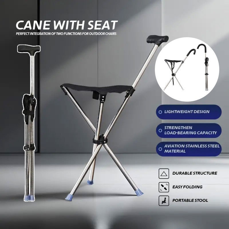Foldable Walking Cane Chair Adjustable Portable Seat Stool Lightweight Mobility Aid