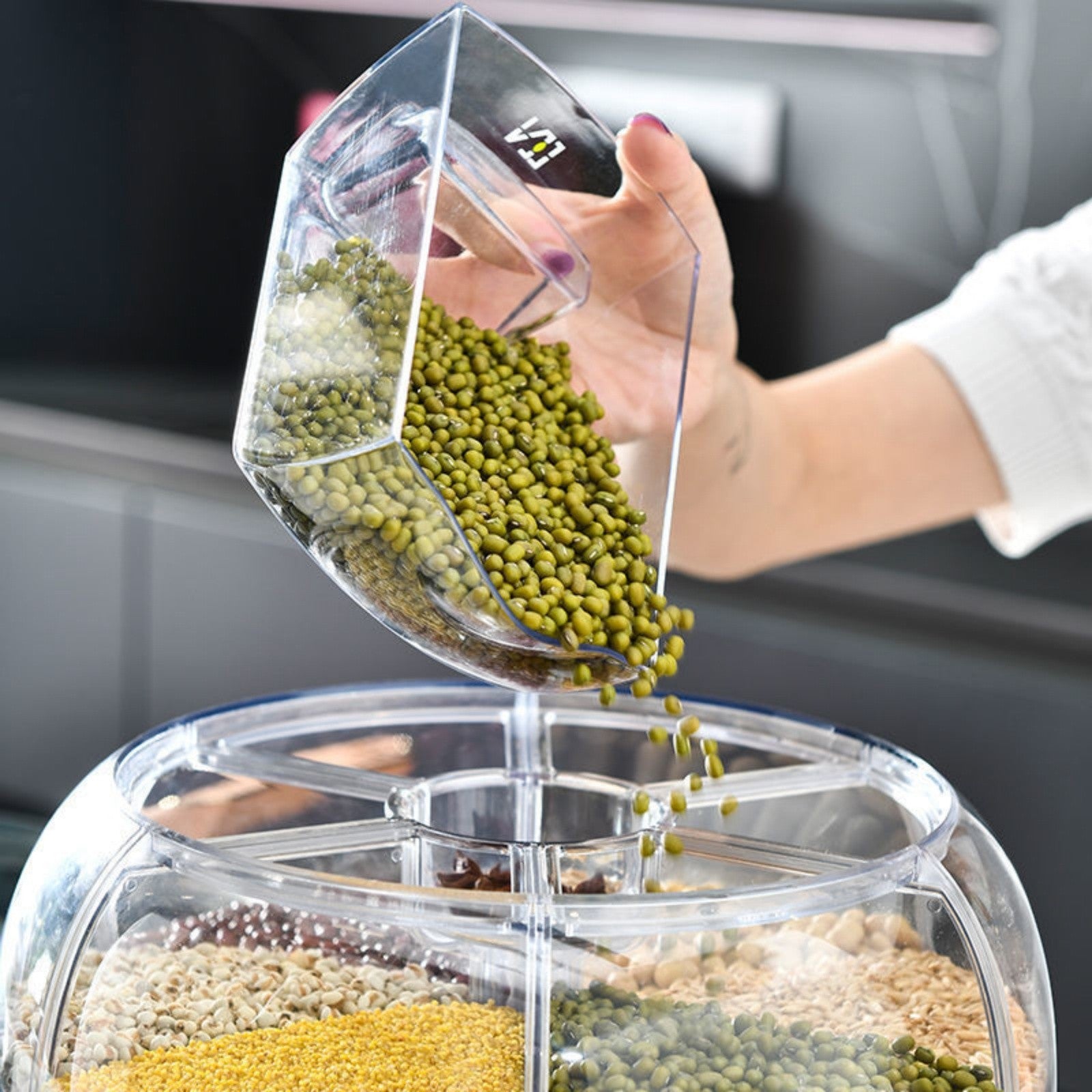 6KG Rotating Rice Storage Container | Multi-Grid Grain & Cereal Dispenser Kitchen Organizer