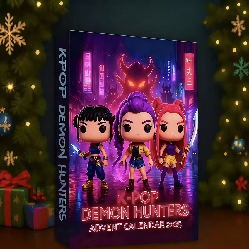 K-pop advent calendar purple box beside a Christmas tree
