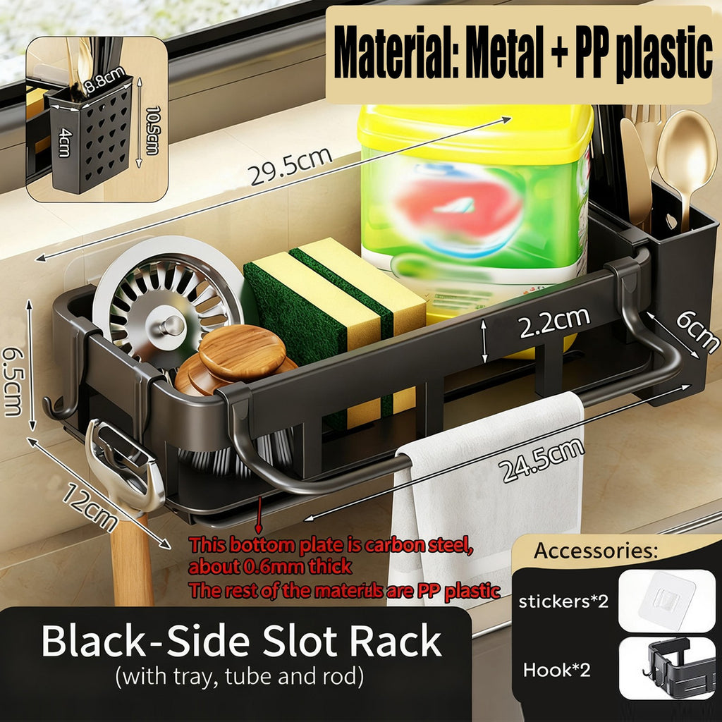 Kitchen Sink Caddy Organizer with Sponge Soap Brush Holder – Countertop Storage Rack with Hooks