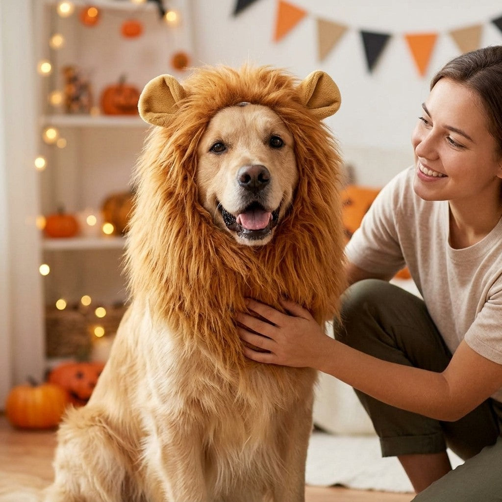 Golden retriever wearing a lion mane for dogs at a Halloween party with its owner