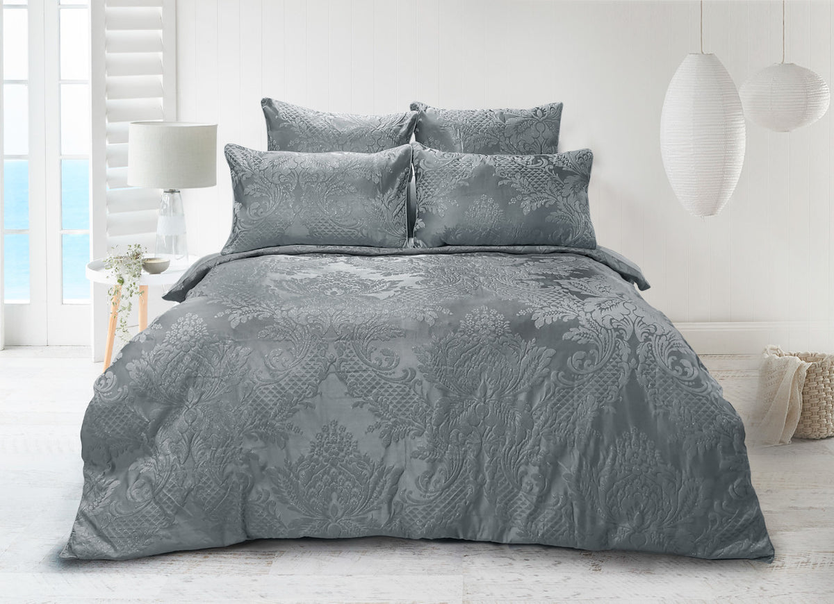 Grey damask jacquard quilt cover set