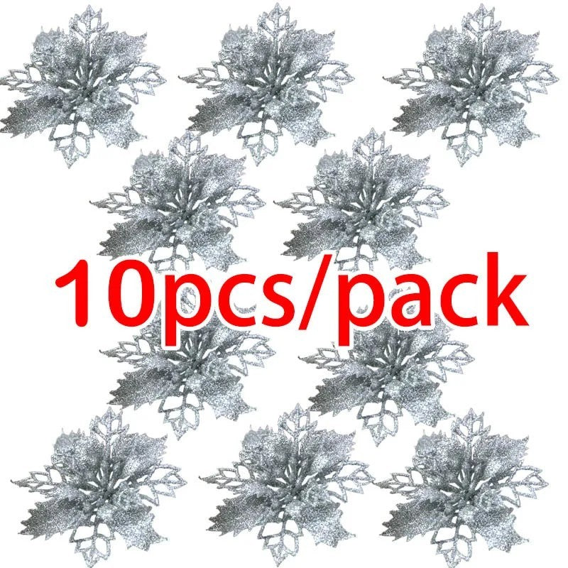 10pcs Christmas Poinsettia Glitter Flowers – Xmas Tree Hanging Decorations