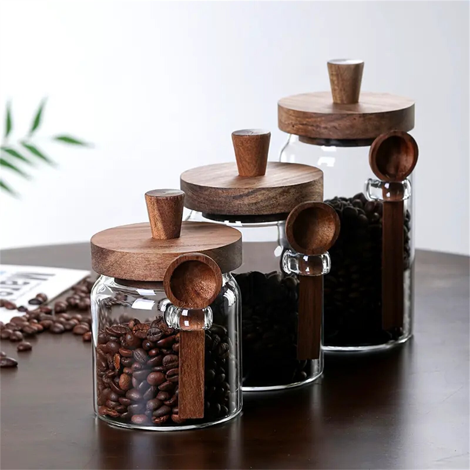 2 Pack Glass Storage Jars with Wooden Lid and Spoon – Airtight Coffee, Spice and Food Containers