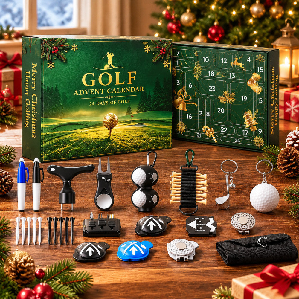 Golf advent calendar box with golf accessories laid out on a festive table