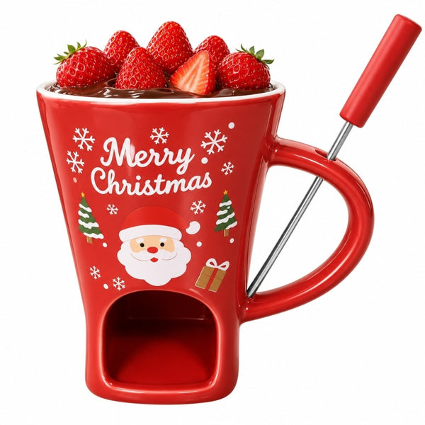 Chocolate Fondue Mug – Christmas Ceramic Fondue Set with Tea Light Warmer & Fork