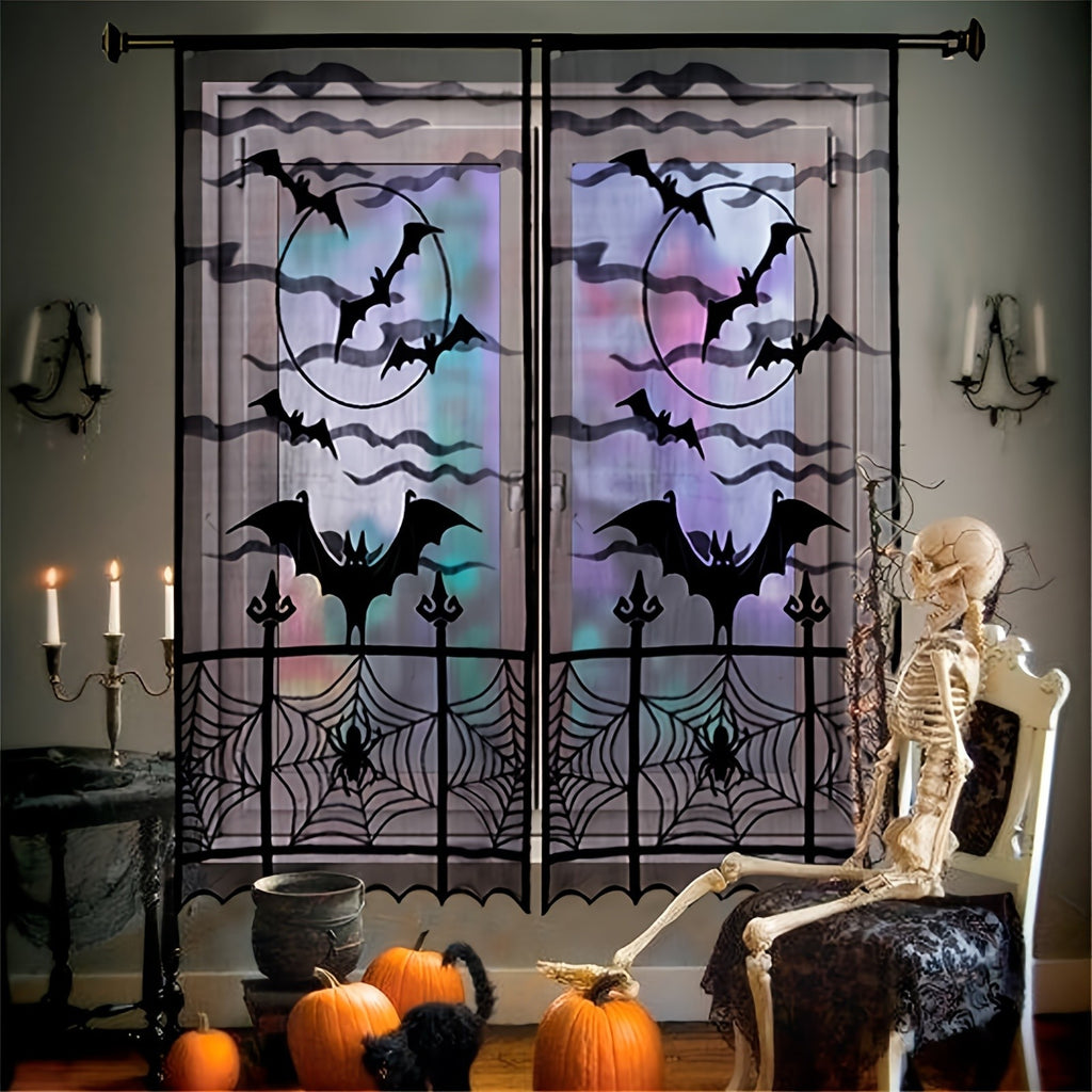 1-4PCS Black Lace Bat Halloween Curtains Gothic Window Party Hanging Decoration