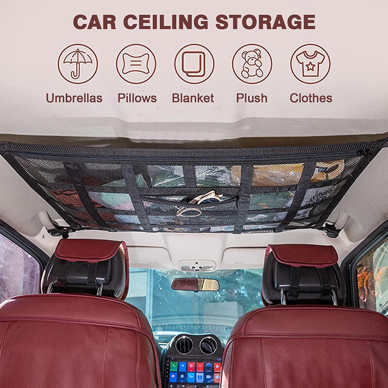 2pcs Car Ceiling Storage Net 90x65cm | Universal Roof Cargo Mesh Bag Organizer